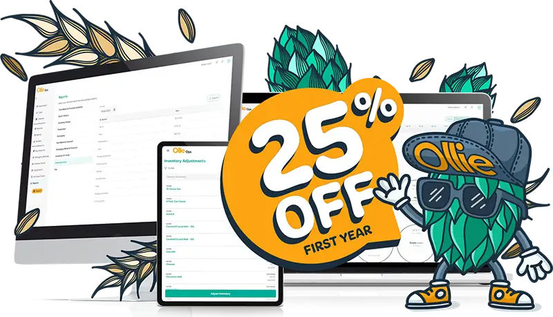 Ollie, brewery management software, 25% off your first year